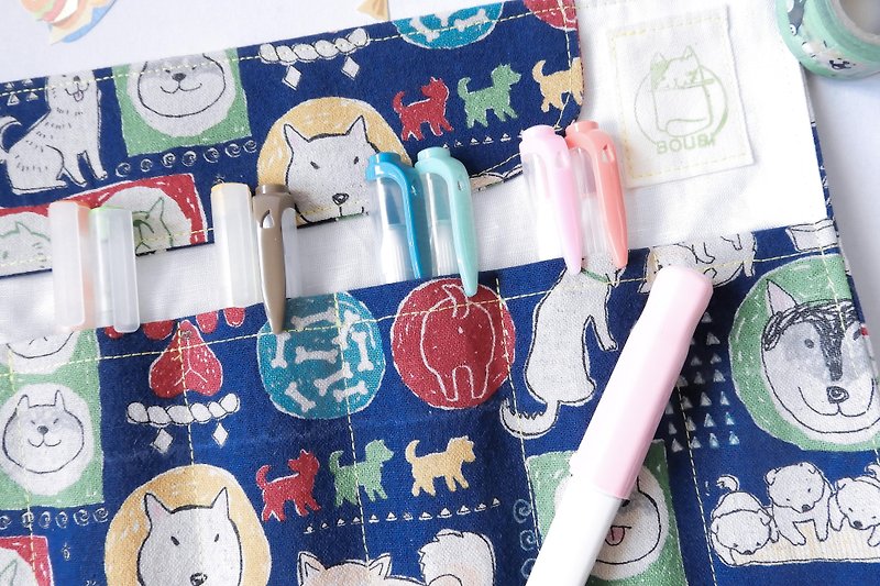 Fabric pen case roll, pen pouch, cloth pen roll, Blue Shiba dog  pen wrap - Pencil Cases - Cotton & Hemp Blue
