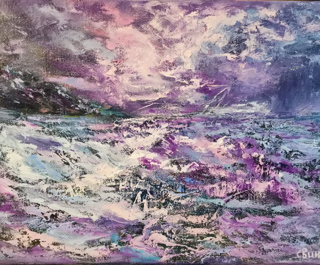 アート油絵夜月の出波海オリジナルストームアーティストスヴィ