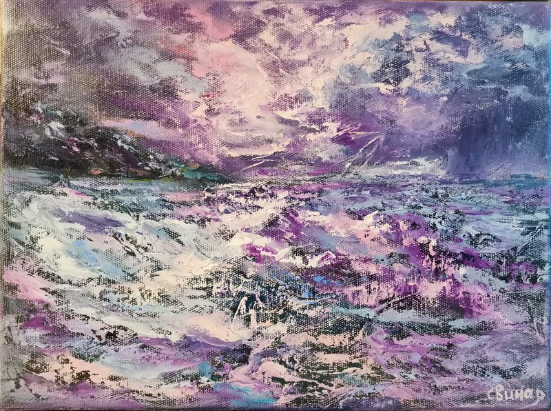 Art Oil Painting Night Moonrise Waves Sea Original Storm Artist Svinar Oksana - 其他 - 其他材質 多色