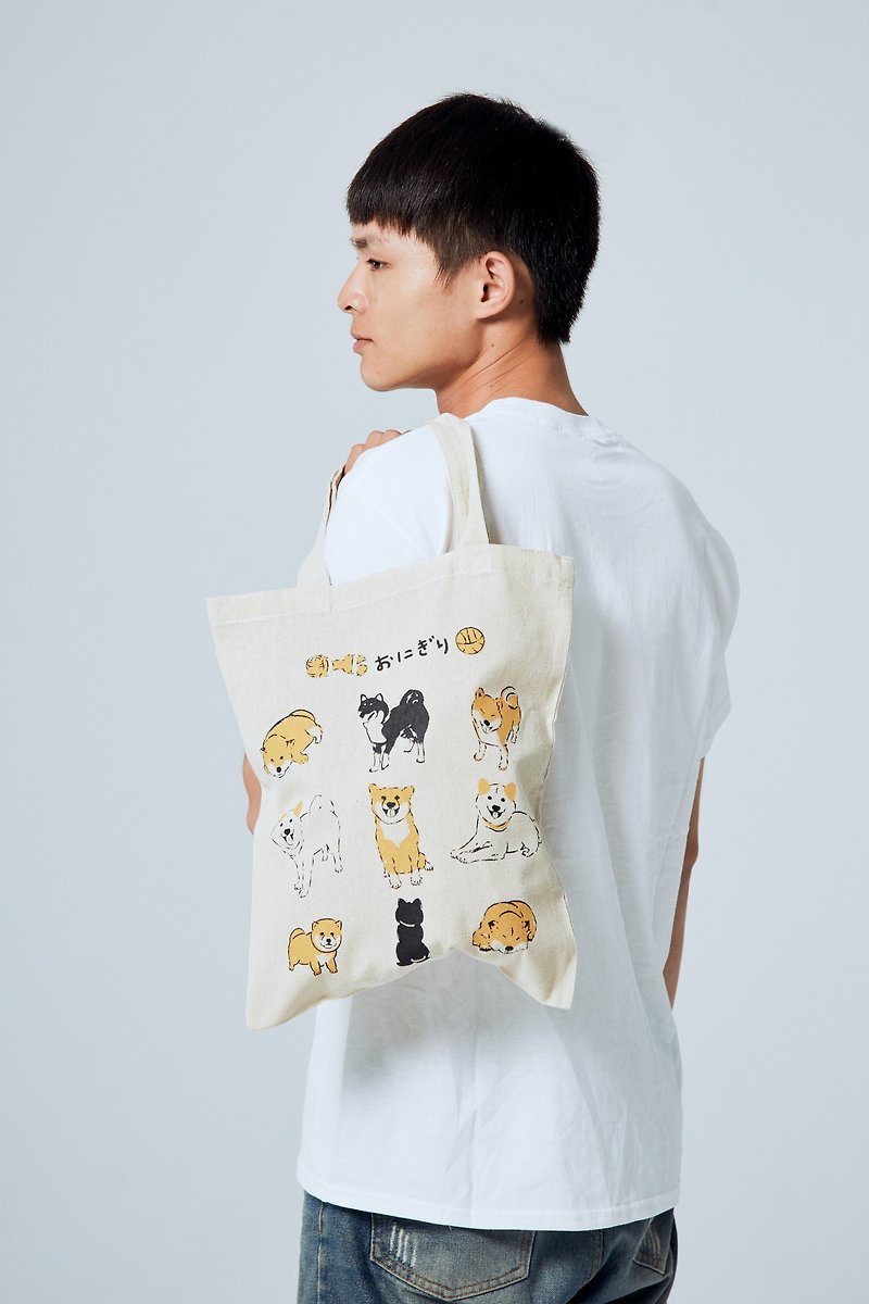 小飯糰  柴柴團圓飯 手工絹印 布製購物袋 - 側背包/斜背包 - 棉．麻 金色
