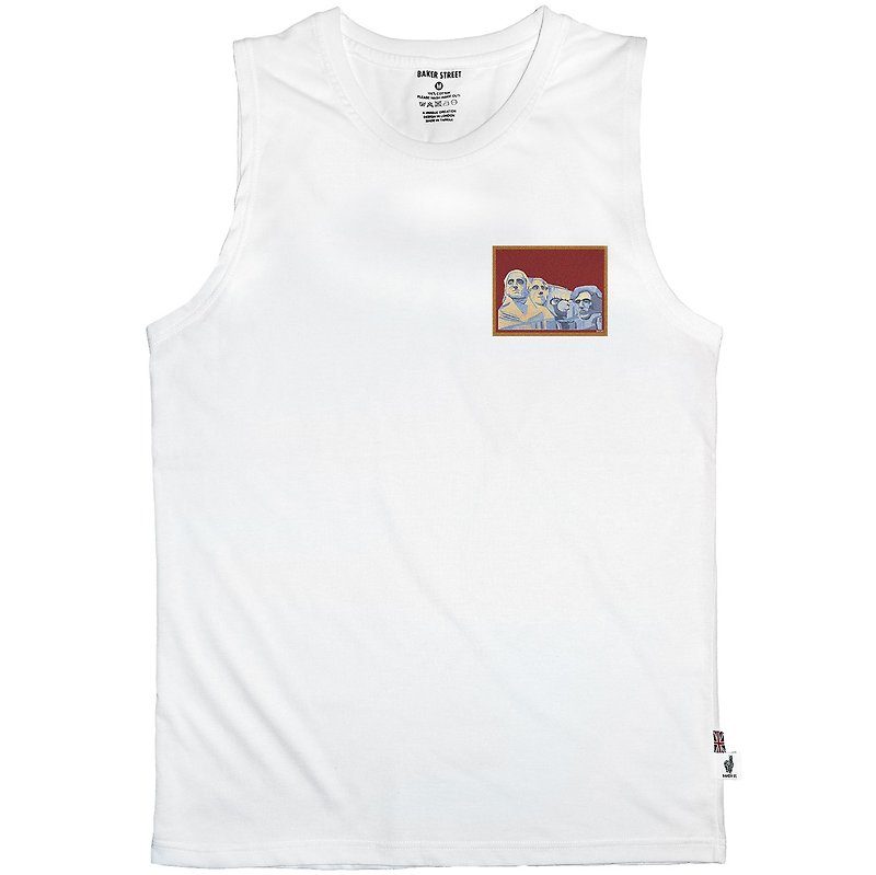 British Fashion Brand -Baker Street- Little Stamp:Mount Rushmore Tank Top - เสื้อกั๊กผู้ชาย - ผ้าฝ้าย/ผ้าลินิน ขาว