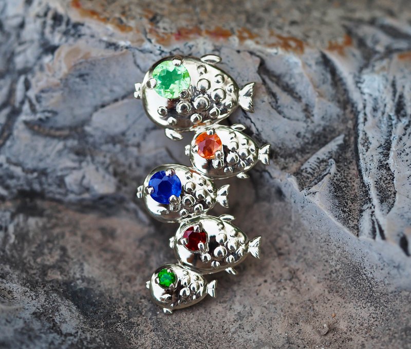 School of fish pendant with tourmaline, sapphires, chrome diopside and garnet - 項鍊 - 貴金屬 金色