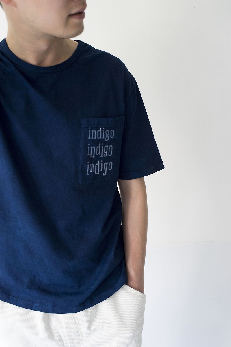 T-shirt blue dyed short-sleeved original font design Shanghai type match cooperation paragraph indigo fete - Unisex Hoodies & T-Shirts - Cotton & Hemp 