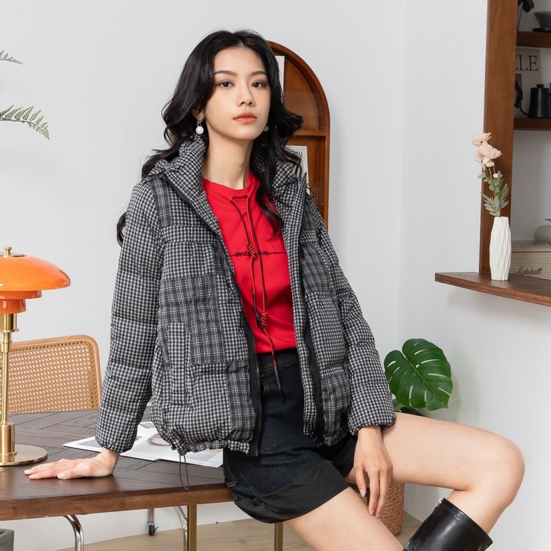 【MEDUSA】Oversized BW Check Puffer Down Jacket - Women's Casual & Functional Jackets - Down Black