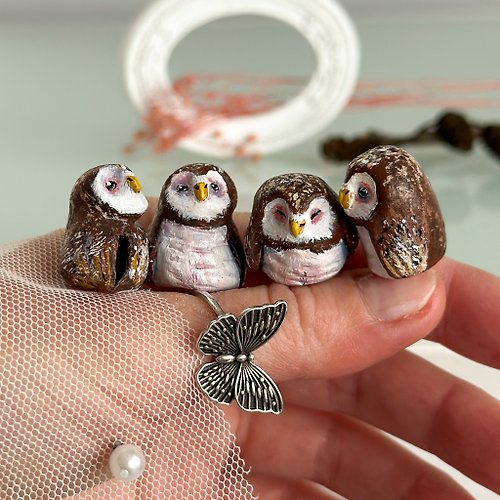 安娜森林藝術 SET of 4 Miniature owl, clay owl, owl figurine, mini bird figurine, fairy house