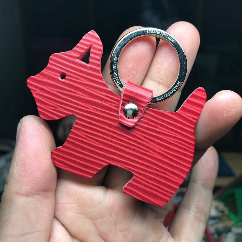 {Leatherprince 手工皮革} 台灣MIT 紅色 可愛 雪納瑞 剪影版 皮革 鑰匙圈 / Schnauzer Silhouette epi leather keychain in red（Small size / 小尺寸 ） - 鑰匙圈/鑰匙包 - 真皮 紅色