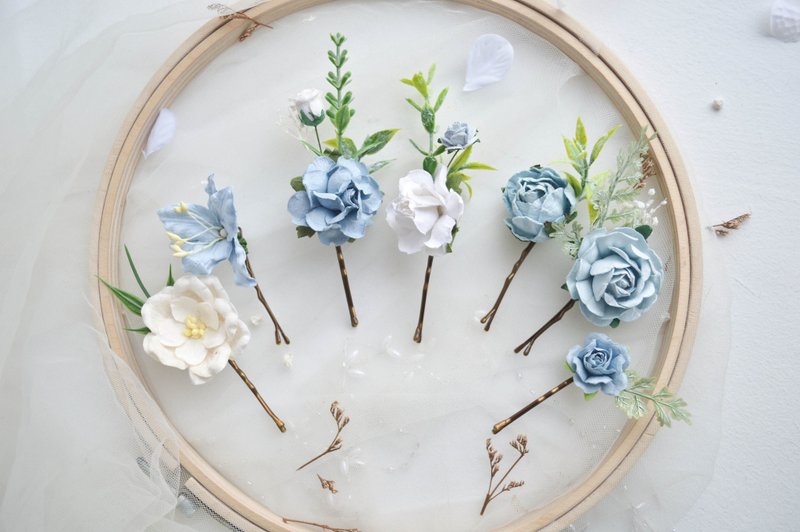 Set of 7 hair pins, Flower hair clip, Wedding hair accessories, Hair clip - เครื่องประดับผม - กระดาษ สีน้ำเงิน