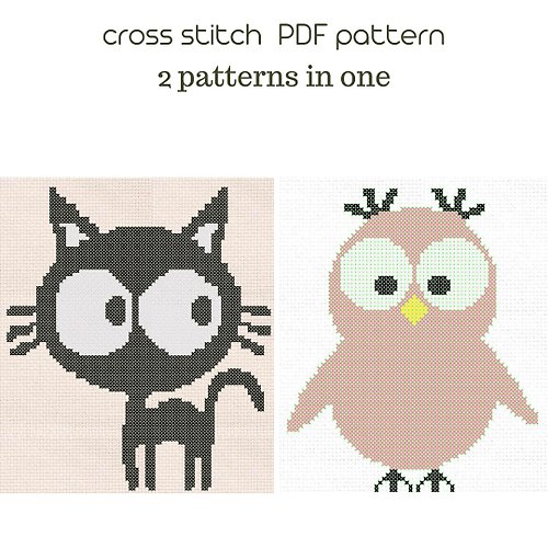 NaraXstitch patterns 十字繡圖案 Set cross stitch PDF patterns Cat Owl cross stitch /62/