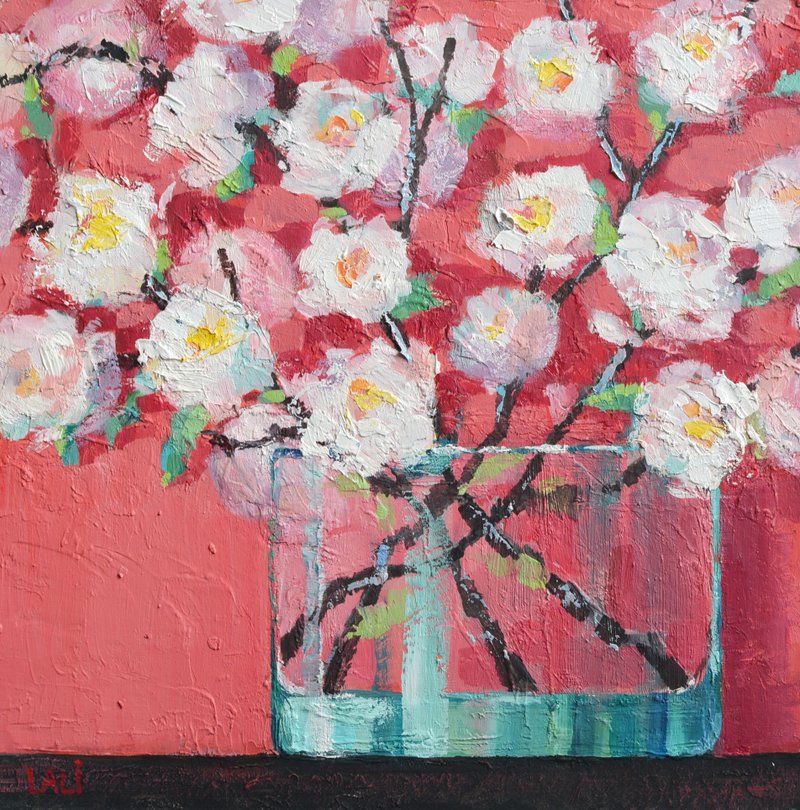 玫瑰原創油畫 20x20cm 現代繪畫 當代紅色花朵 - 壁貼/牆壁裝飾 - 其他材質 粉紅色