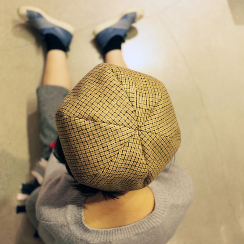 JOJA│【限定】小さな黄色のグリッド純粋なウールのベレー帽/ SM調整可能/ベレー帽/画家キャップ - 帽子 - コットン・麻 イエロー