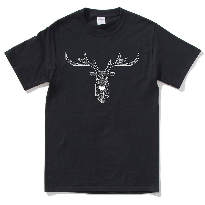 Deer Geometric men's and women's short-sleeved T-shirt black geometric deer universe design self-made brand Milky Way trendy round triangle - เสื้อยืดผู้ชาย - ผ้าฝ้าย/ผ้าลินิน สีดำ