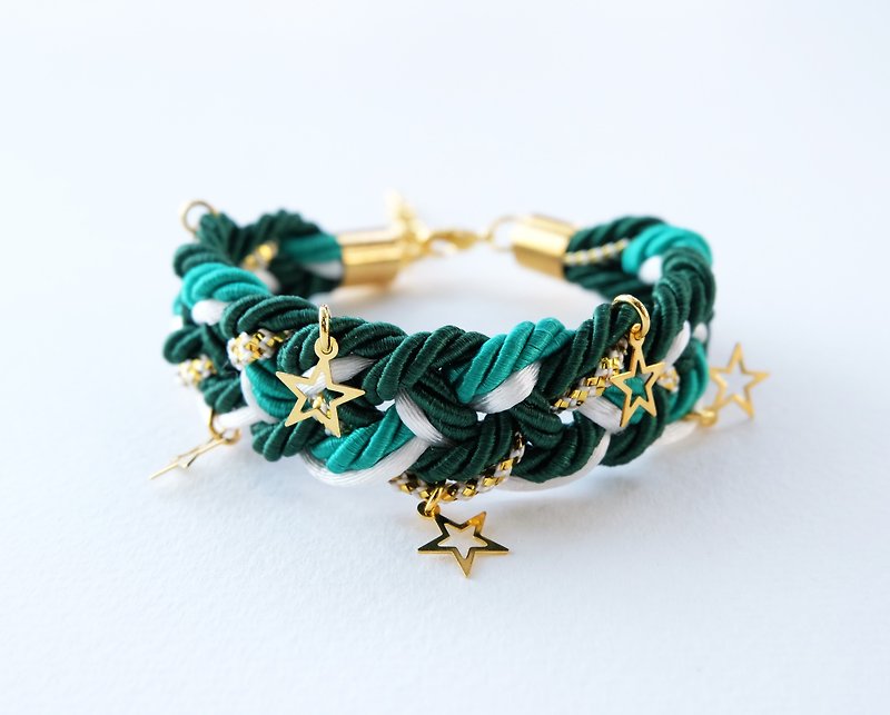 Christmas gift collection ,Green/White/Gold braided rope bracelet with stars - Bracelets - Other Materials Green