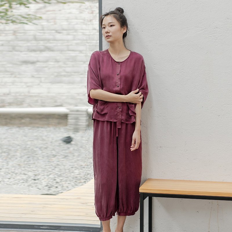 BUFU  soft cuprammoniu belt shirt SH180125 - เสื้อเชิ้ตผู้หญิง - ผ้าไหม สีม่วง