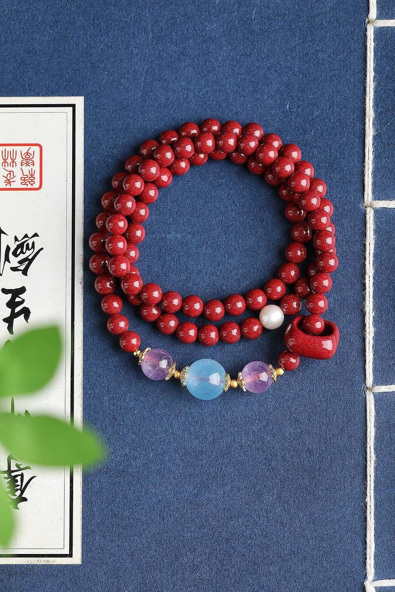 天然原礦硃砂精品紫金砂三圈手鏈含量95%以上6mm - 手鍊/手環 - 寶石 
