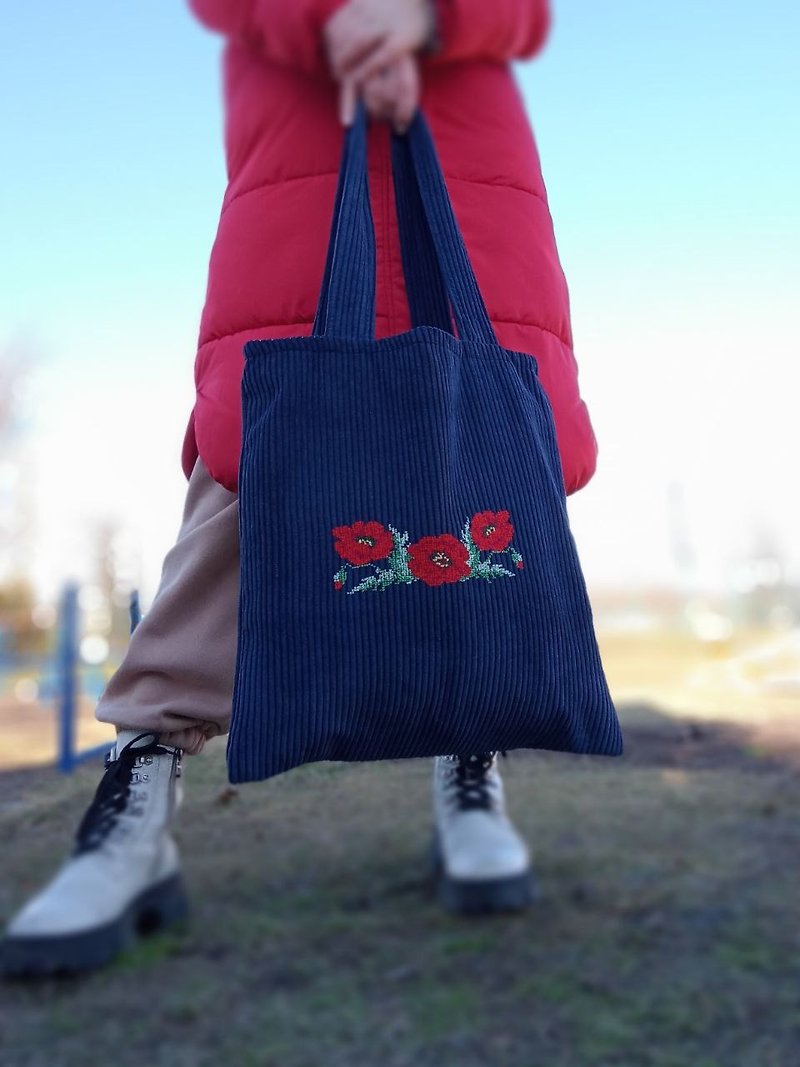 Large blue corduroy tote bag with poppies and hand embroidered lining - Handbags & Totes - Other Materials Blue