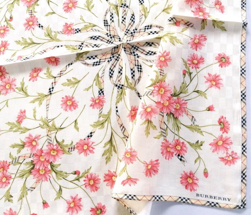 Vintage Burberry Pink Daisy Handkerchief- Check Ribbon & Border 20 x 20 inches - 絲巾 - 棉．麻 卡其色