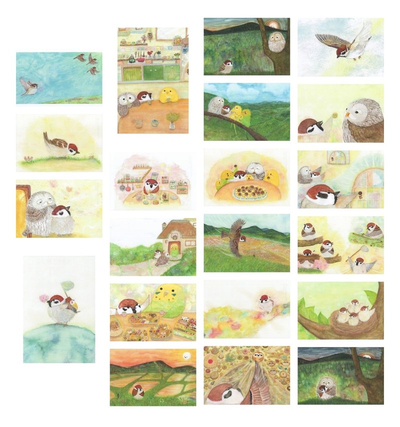 Bird Postcard H Set, Handmade by Artist, 21 Pieces - โปสเตอร์ - กระดาษ หลากหลายสี