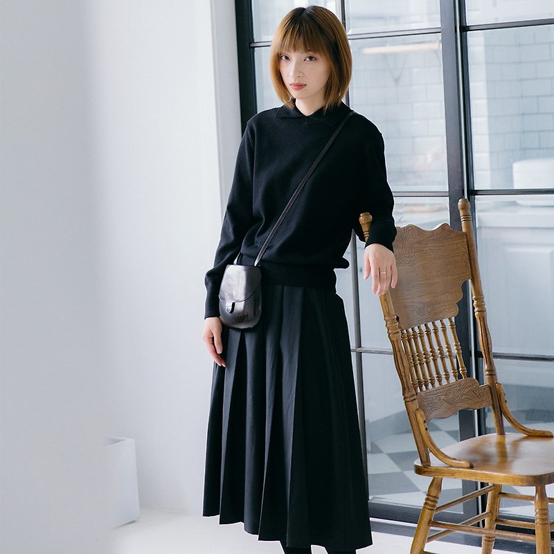 Worsted pleated pleated skirt@skirt|autumn|wool+cotton|independent brand|Sora-178 - Skirts - Wool Black