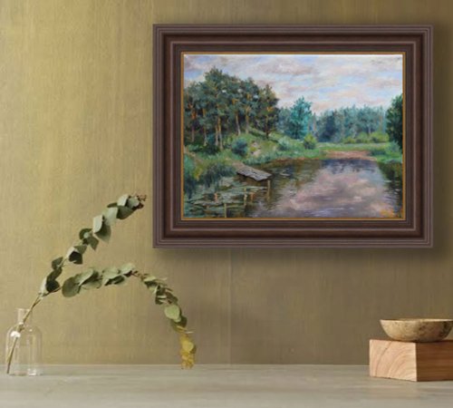 湖の絵画 オリジナルアート 森の風景画 木 雲 夏の絵画