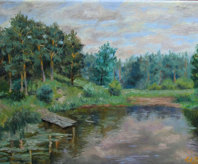 自作油彩画　油絵　風景画　湖　森 自作油彩画 油絵 風景画 湖 森 - メルカリ