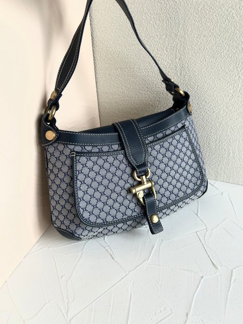 LA LUNE Vintage 日本鑑證古董品選物店 絕版古董包 Celine藍黑色老花Hobo腋下包 單肩包 側揹包 中古包