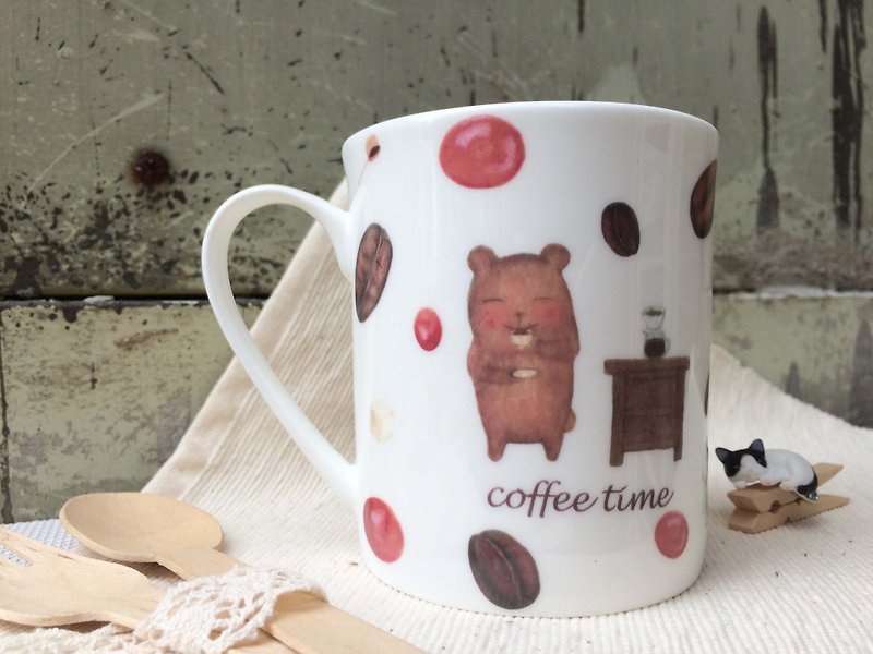買二送一 骨瓷馬克杯- 啡啡熊 cofee time - 咖啡杯 - 瓷 咖啡色