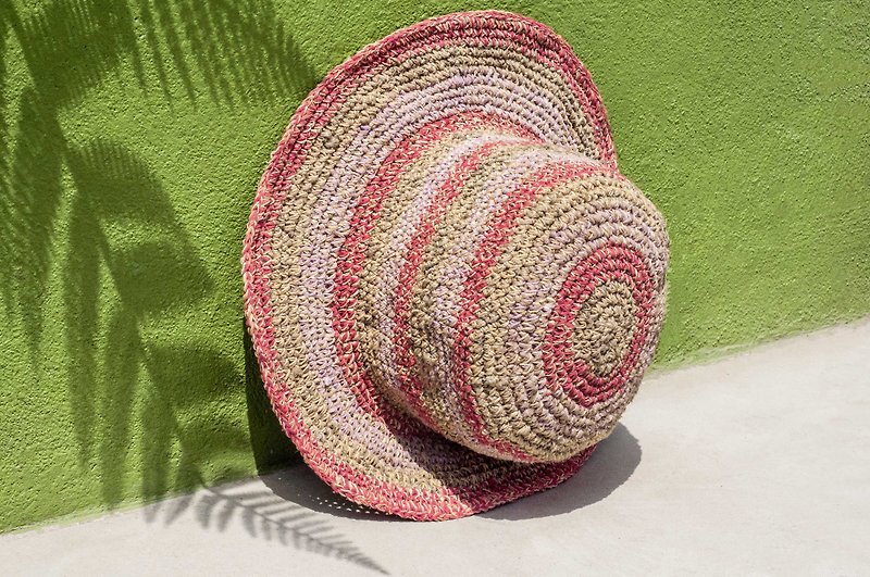 手工編織棉麻帽 編織帽 漁夫帽 遮陽帽 草帽 - 南美漸層條紋 草莓 - 帽子 - 棉．麻 粉紅色
