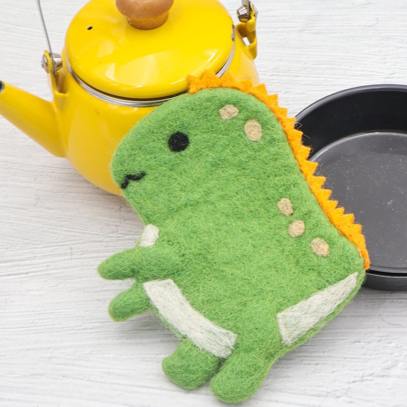 Little Dinosaur | Nepalese handmade wool felt cup and pot holder - ของวางตกแต่ง - ขนแกะ สีเขียว