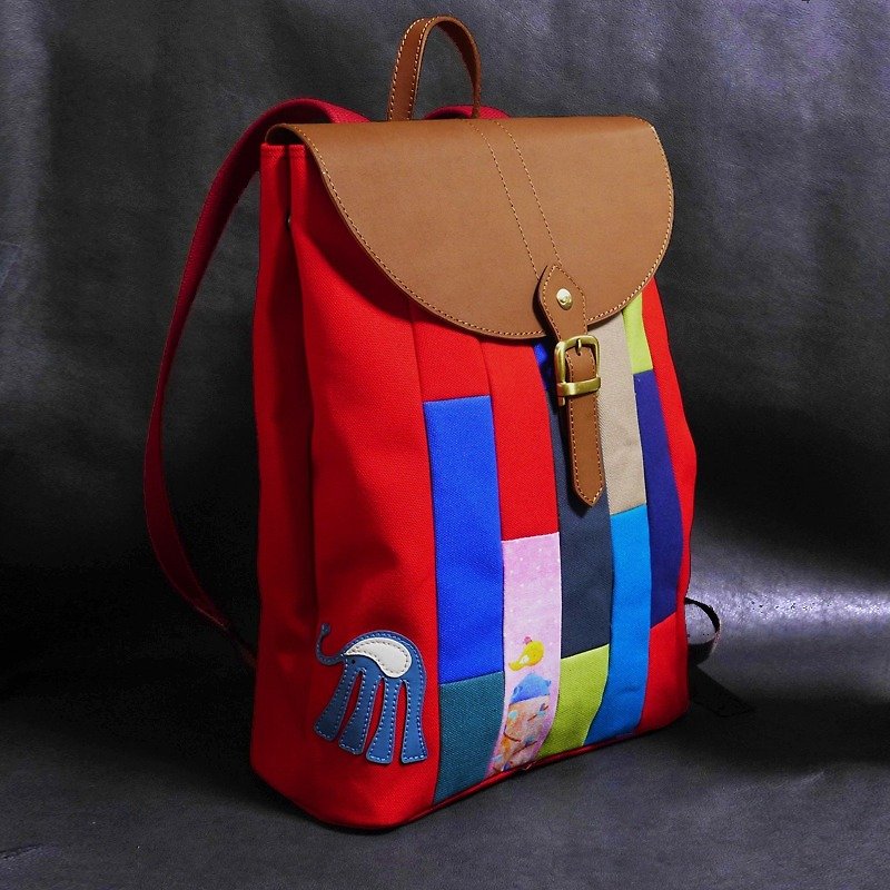 Feifei like picture book stitching backpack / red - Backpacks - Genuine Leather Red