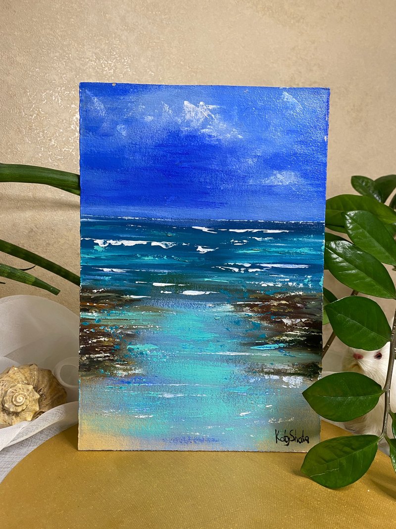 Encaustic seascape. Fantasy landscape painting. Emerald green ocean painting - ตกแต่งผนัง - กระดาษ สีน้ำเงิน