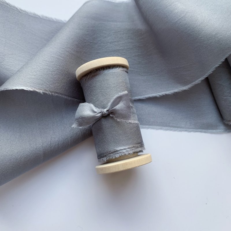 Steel Silk Ribbon / Hand Dyed Silk ribbon on Wood Spool - 包裝材料/包裝紙 - 絲．絹 藍色