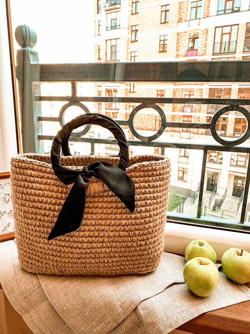 Woven tote bag made from Jute with wooden handles - Handbags & Totes - Cotton & Hemp Khaki