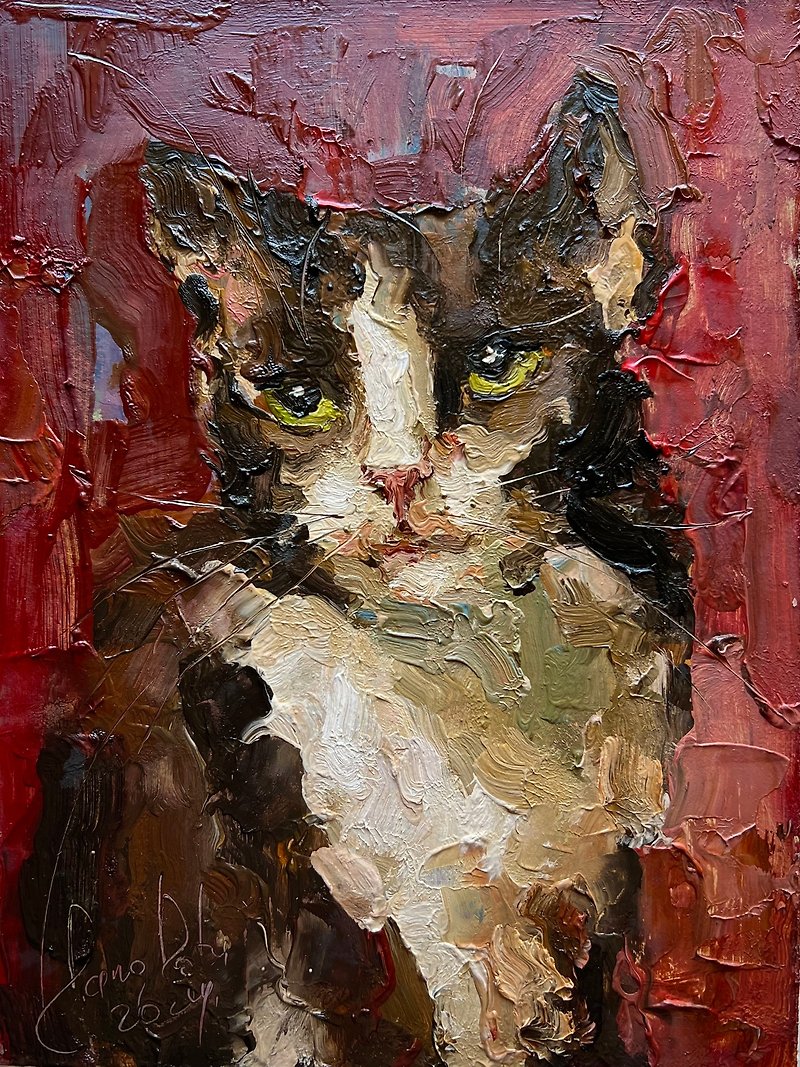 猫の肖像画 猫の油絵 白猫のアートワーク 猫好きへのギフト 猫の肖像画 - ウォールデコ・壁紙 - その他の素材 レッド
