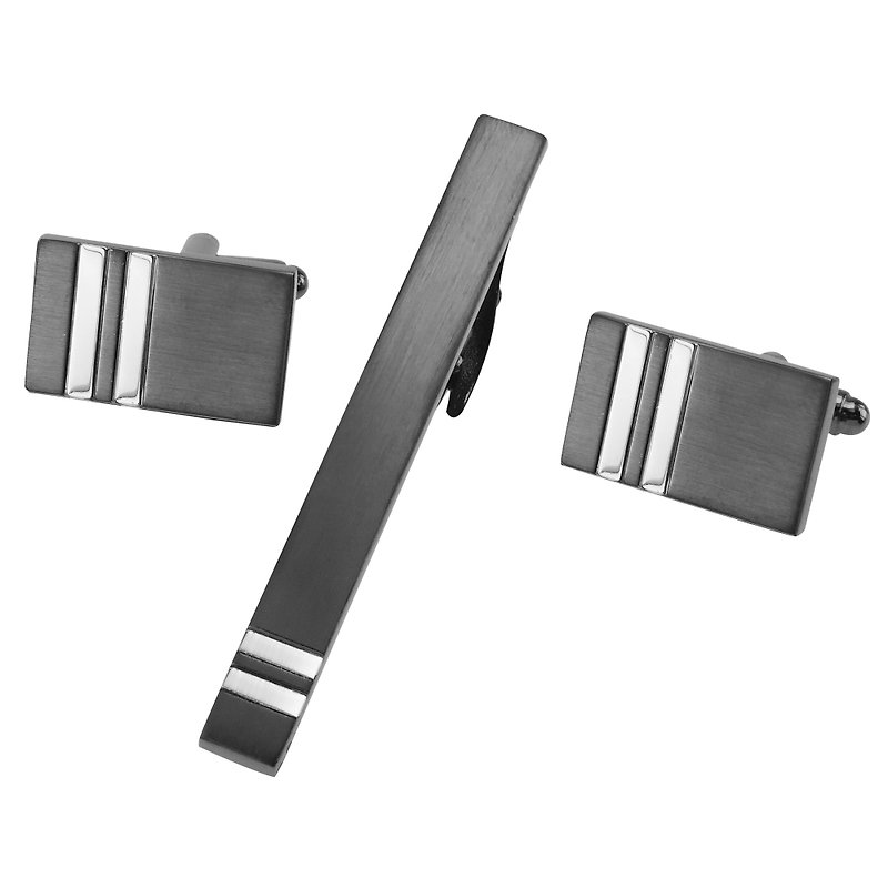 Brushed Gunmetal and Silver Stripes Cufflinks and Tie Clip Set - Cuff Links - Other Metals Black