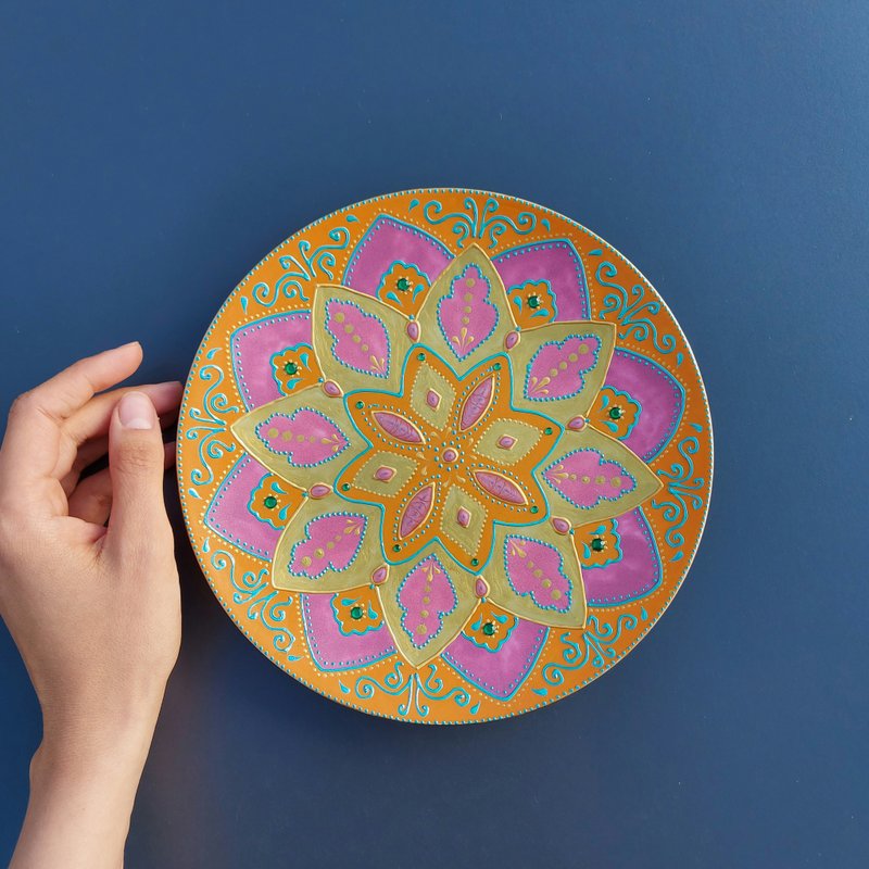 Orange and pink mandala plate - Wall Décor - Pottery Orange