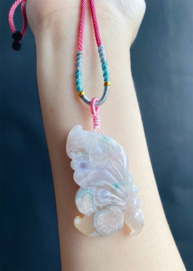 【售出】單品 櫻花瑪瑙 雕刻件 蝴蝶 粉紫 菜園子綠 天然石 禮物 - 項鍊 - 水晶 紫色