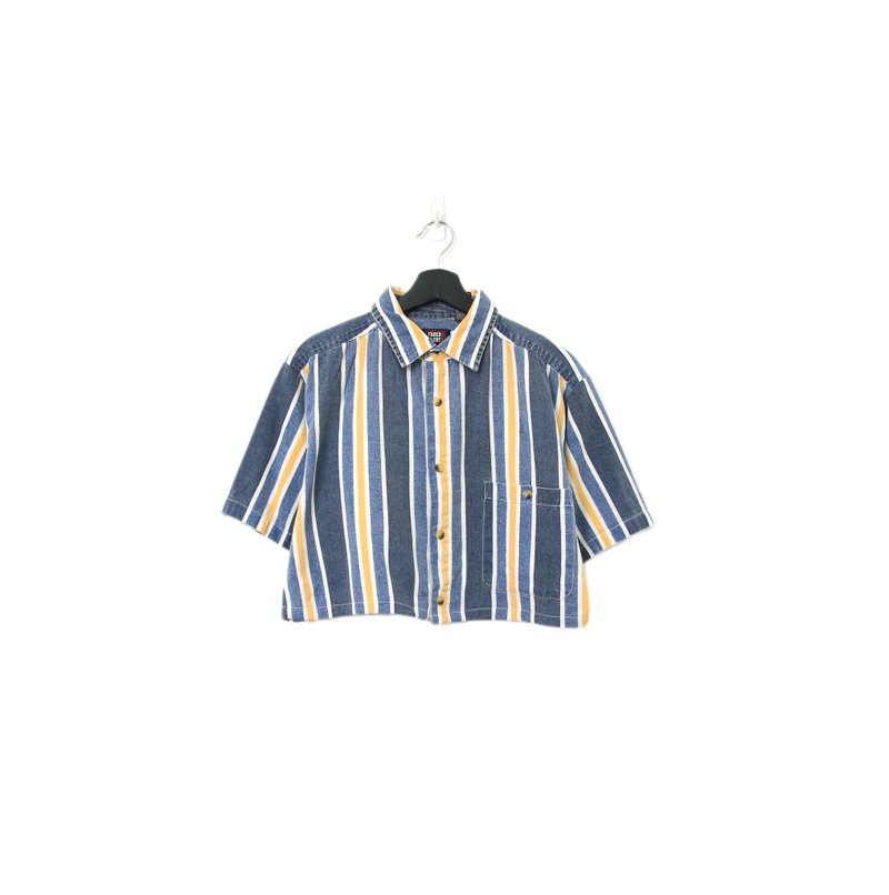 Back to Green-再製條紋短板襯衫 丹寧藍黃ds-12//vintage shirt - 女襯衫 - 棉．麻 