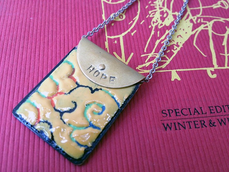 Square Enamel Necklace Pendant ~ Lucky Bag Type A Hope/Courage, Hand-made Poems Love Yourself. Single item! - สร้อยคอ - วัตถุเคลือบ 