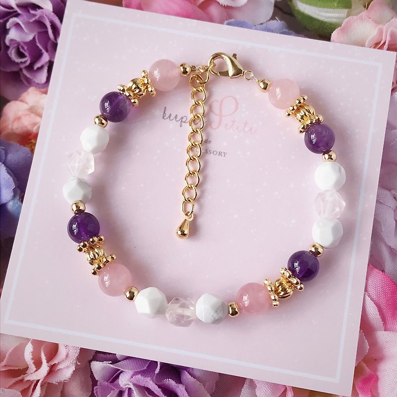 Spring Asters | Geometric faceted white turquoise powder crystal amethyst natural stone crystal bracelet birthday gift - สร้อยข้อมือ - คริสตัล สึชมพู