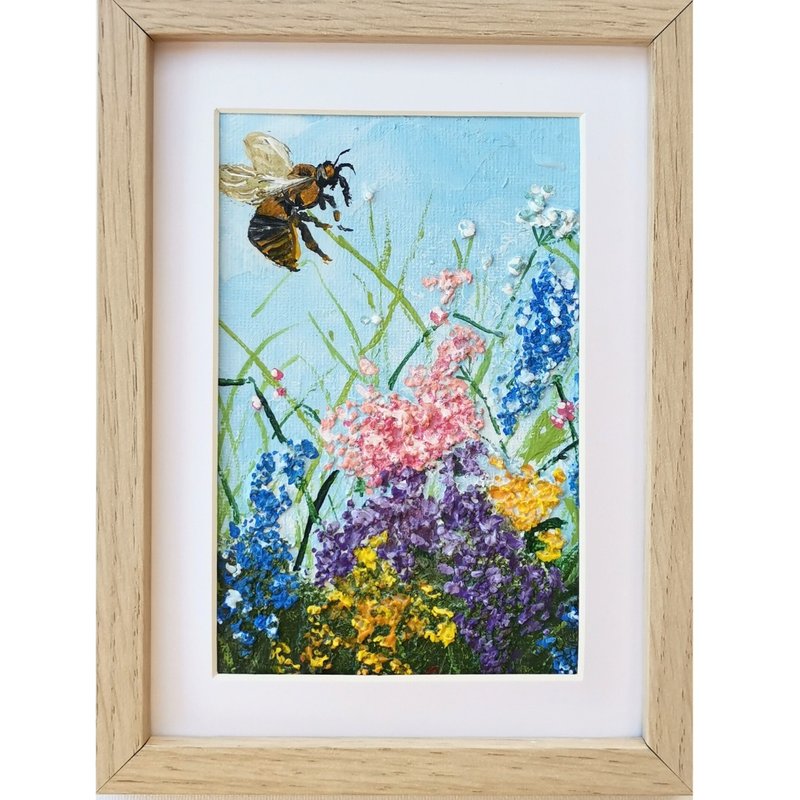 Flowering Meadow With Bee Original Framed Wall Art Small Format By RinaArtSK - Wall Décor - Other Materials Multicolor