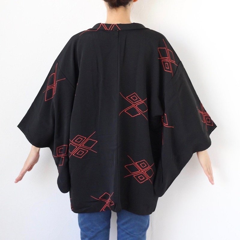 Black & red kimono, versatile jacket, kimono jacket, black haori /3935 - เสื้อแจ็คเก็ต - ผ้าไหม สีดำ