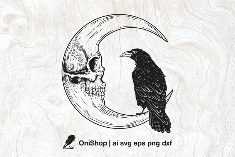 Moon with Crow SVG, Wall decor, Gotic Bird, Raven engraving clipart - 圖文模板設計 - 其他材質 
