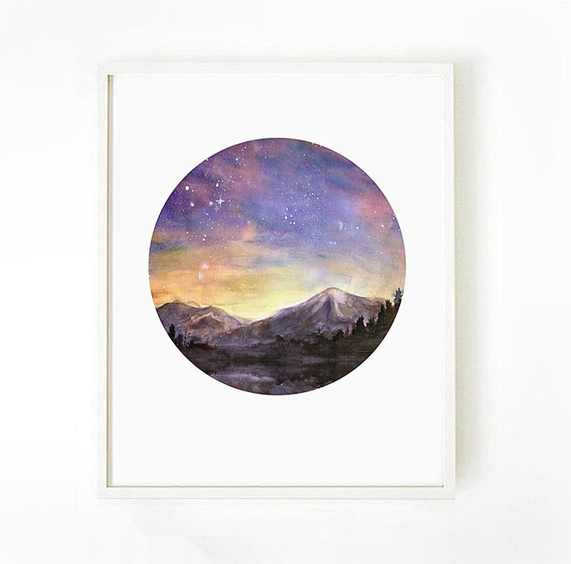 Nordic style home poster-night starry sky-watercolor painting-poster-bedroom decoration painting-homestay-landscape - โปสเตอร์ - กระดาษ 