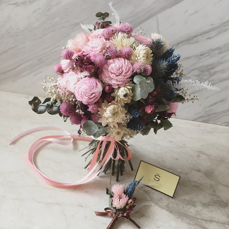 I Wedding collection I Pink Blue Belle Epoque_Dry (not withered) bouquet + corsage_wedding/wedding photography (customizable) - ตกแต่งต้นไม้ - พืช/ดอกไม้ สึชมพู