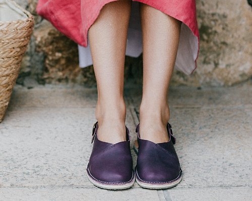 Crupon 皮革涼鞋、夏季涼鞋、紫色皮革涼鞋、露跟涼鞋、女士涼鞋、夏季鞋