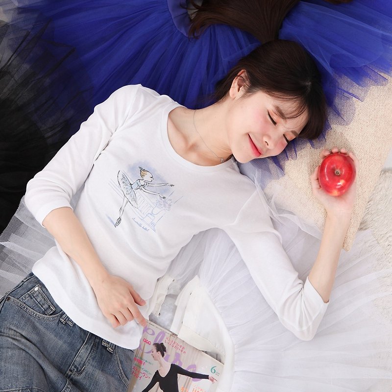 Yizhike Ballet | Sleeping Beauty Jade Bird 3/4 Sleeve Ballet Round Neck Cotton T-Shirt - เสื้อยืดผู้หญิง - ผ้าฝ้าย/ผ้าลินิน ขาว