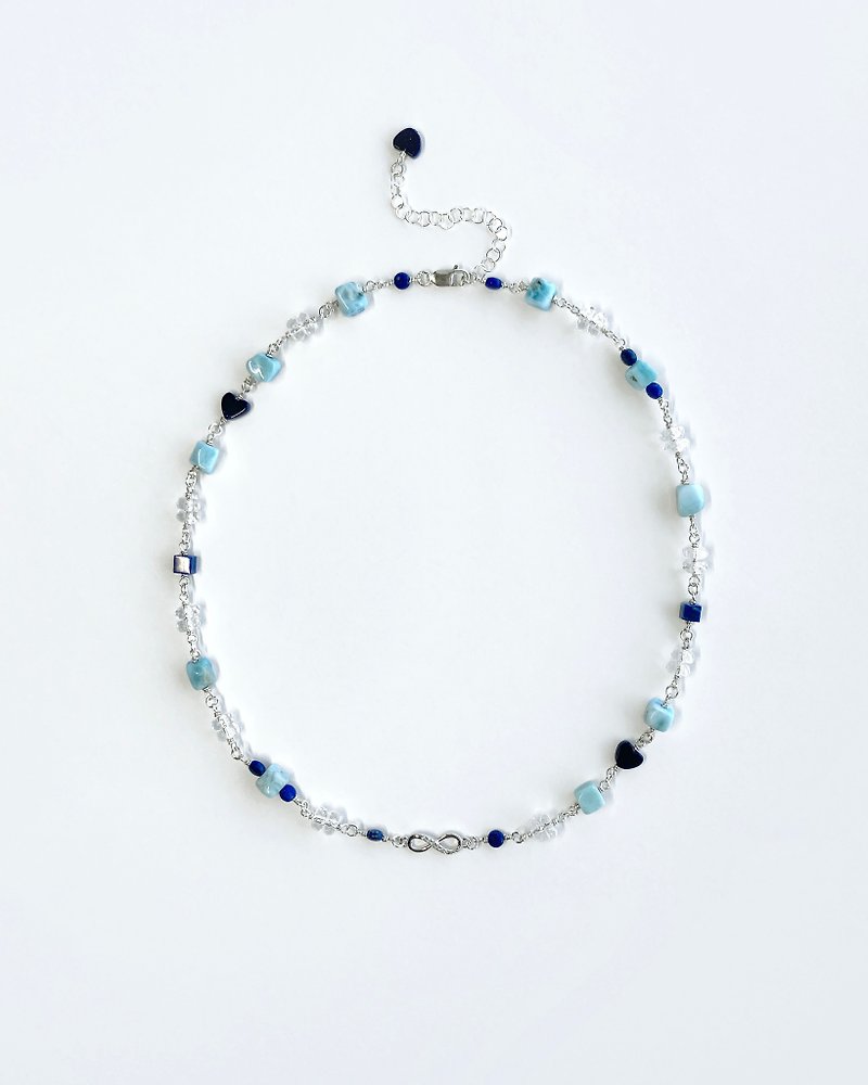 Ice Blue Larimar Gemstone Short Choker-Style Station Necklace // Water Ice River - Necklaces - Silver Blue