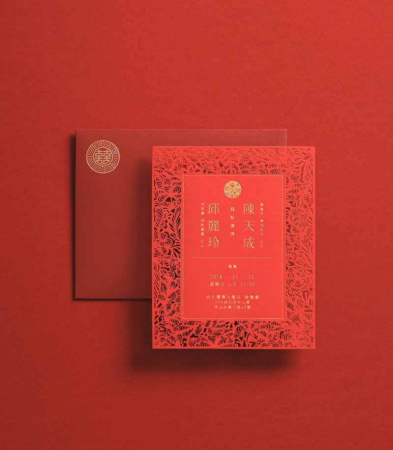 金余喜帖 中式 喜帖 牡丹花 雷雕 樣本費 - 心意卡/卡片 - 紙 紅色