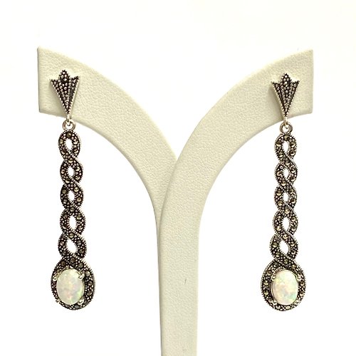 alisadesigns Art Deco Style Gilson Opal, Marcasite Large Spiral Earrings 925 Sterling Silver