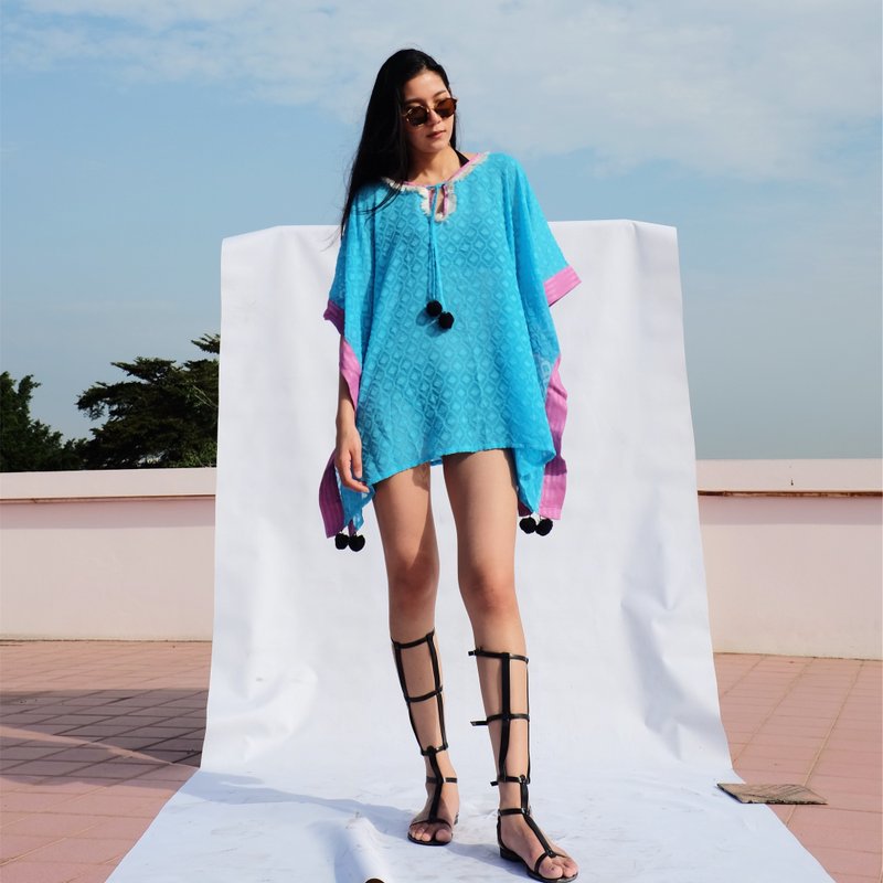 'PAPER' Beach Cover-up / Kaftan / Poncho in  Texture Blue (ONE SIZE) - 洋裝/連身裙 - 聚酯纖維 藍色